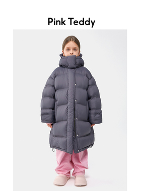 PinkTeddy童装女童黑色羽绒服新款冬季柔软舒适儿童长款保暖外套