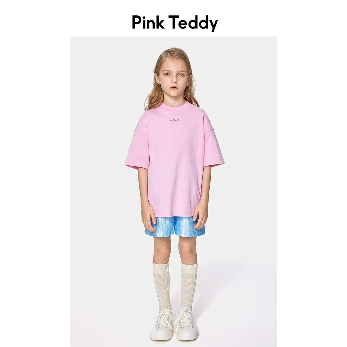 PinkTeddy童装女童粉色短袖T恤logo印花儿童纯棉宽松圆领落肩上衣,童装/婴儿装/亲子装,T恤,淘宝优惠券,粉丝福利购,淘宝优惠卷