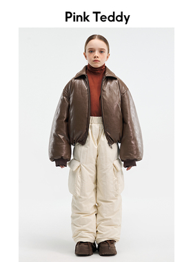 PinkTeddy女童羽绒服飞行员翻领羽绒皮衣夹克儿童装冬季保暖外套