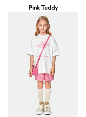 PinkTeddy童装女童白色T恤夏装粉色星球印花儿童纯棉宽松圆领上衣