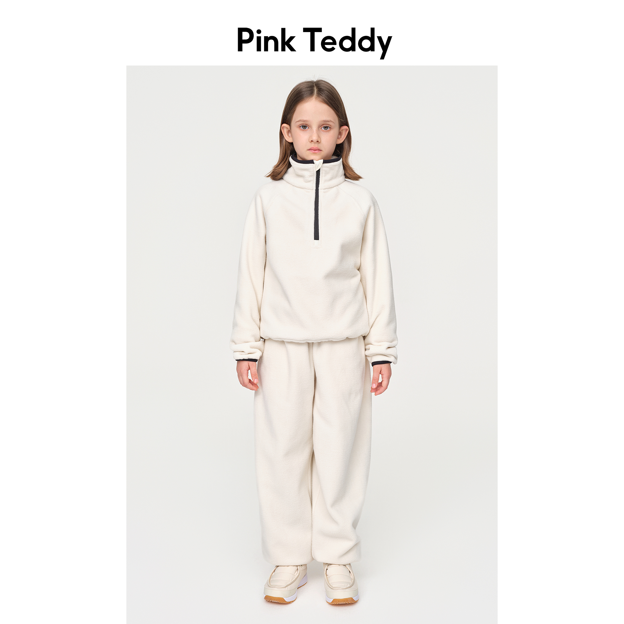 PinkTeddy童装女童白色卫衣秋冬新款极简儿童加厚套头运动打底衫