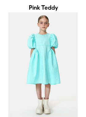 PinkTeddy童装女童泡泡袖连衣裙2024夏装儿童蓝色短袖蓬蓬裙A字裙
