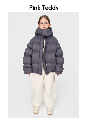 PinkTeddy童装儿童黑色羽绒服新款冬季面包女童装短款柔软外套
