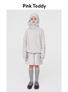 PinkTeddy童装儿童轻量化保暖P绒卫衣女童灰色户外运动连帽打底衫