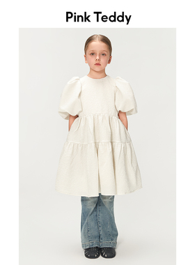 PinkTeddy童装女童连衣裙短袖夏季24新款儿童白色褶皱蓬蓬裙子