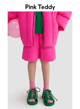 PinkTeddy儿童裤子2024新款秋冬洋气女童装大童加厚粉色羽绒短裤