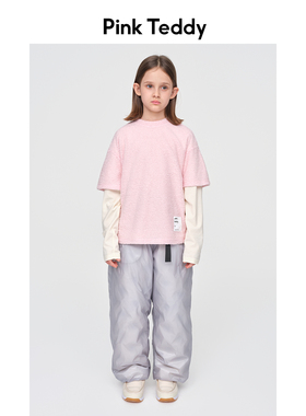 PinkTeddy童装儿童短袖P绒T恤秋冬季女童粉色内搭圆领打底衫