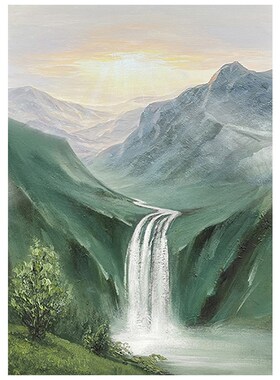 高山流水聚宝盆手绘油画旭日东升客厅装饰画绿色玄关挂.画瀑布壁
