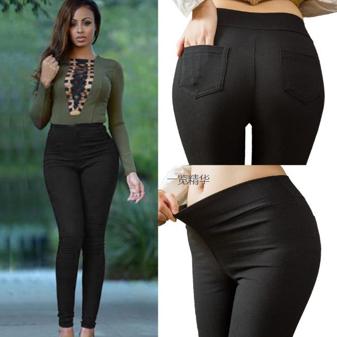 Women jeans black elastic washed denim high waist pants 2018图片