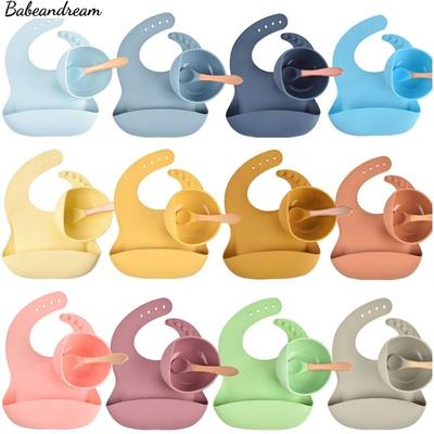 3Pcs Baby Silicone Bibs+Dinner Plate Bowl+Spoon Dishes Set S