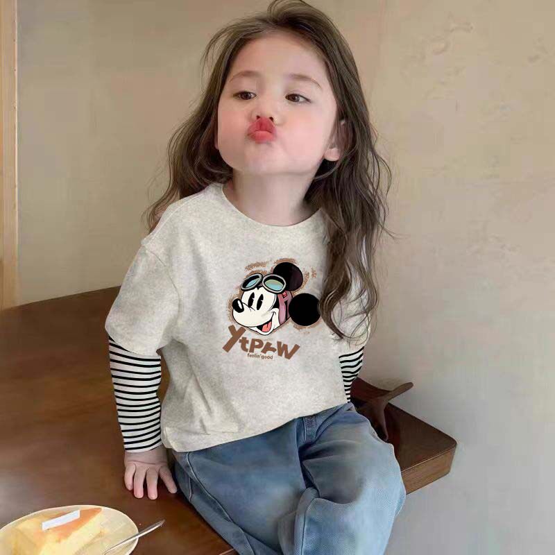纯棉女童圆领长袖T恤2026春秋季新款中小儿童宝宝卡通印花打底衫