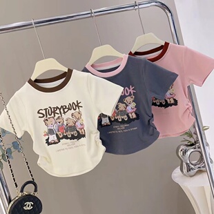 纯棉女童短袖T恤2026夏季新款儿童宝宝卡通洋气修身高腰短款上衣