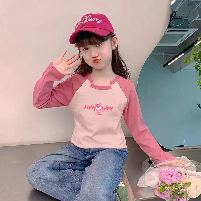 100%纯棉女童装插肩撞色长袖T恤春秋季儿童宝宝休闲百搭印花上衣