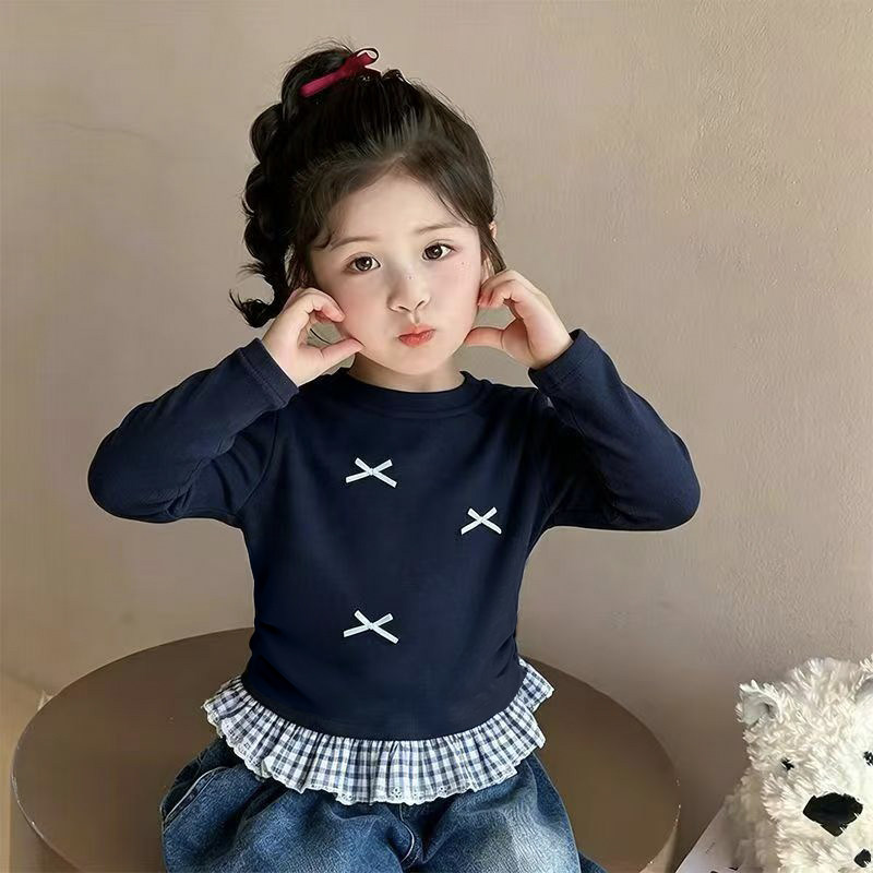 女童洋气纯棉长袖T恤春秋新款韩版小孩儿童宝宝拼接格子打底上衣