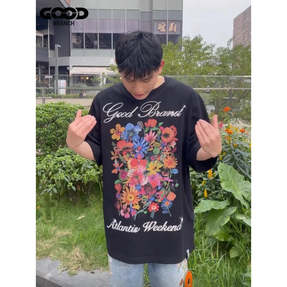 GOODBRANCH 花卉烫钻短袖字母LOGO印花轻奢高级重磅纯棉男女T恤