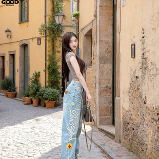 GOODBRANCH小花立体刺绣轻奢时尚赤耳原浆宽松直筒牛仔裤男女同款