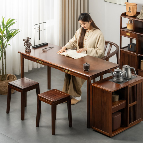 乌金木茶桌椅组合实木新中式客厅茶室覆古家用泡茶台阳台茶几桌