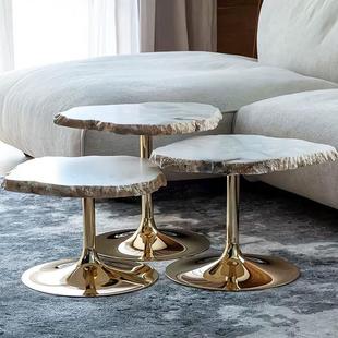 意大利轻奢雪花石茶几金属客厅边桌设计师异形不对称大理石组合茶