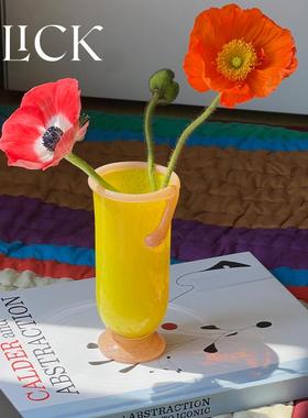 click黄色小喇叭直筒彩色玻璃花瓶花器装饰摆件北欧风桌面手工