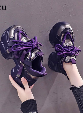 真皮老爹鞋女春秋季2025新款爆款加绒松糕厚底增高紫色休闲 运动