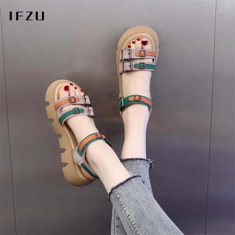 真皮运动凉鞋女夏季2025新款软底厚底增高仙女风休闲平底罗马凉鞋