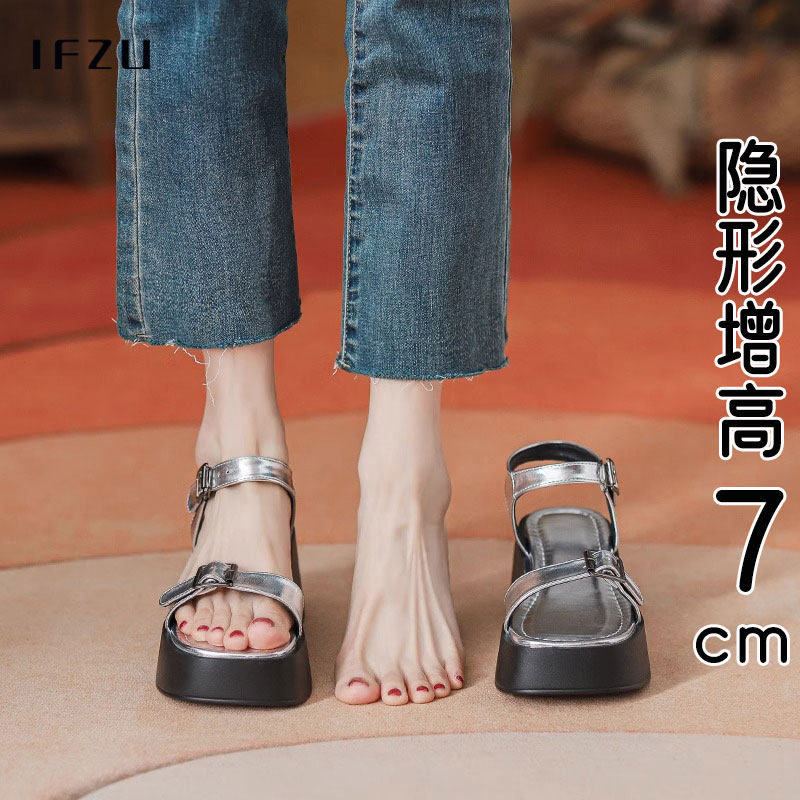 真皮银色厚底凉鞋女2025夏季新款防水台一字扣带高跟鞋罗马松糕鞋