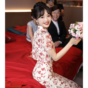 速发服袍敬酒旗中娘小个子订婚礼服连衣裙新式 回门夏 改良结婚便装