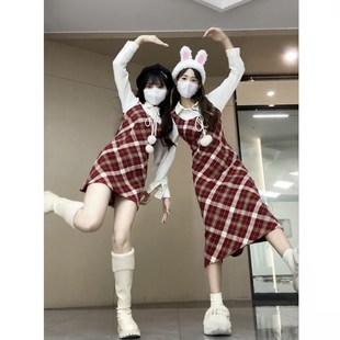 速发大长新圣年诞氛围感假两件红格子连衣裙秋冬中码裙