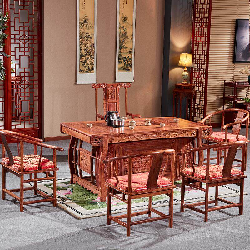 现货红木茶台刺猬紫檀茶桌t椅组合新中式花梨木办公室功夫真龙茶