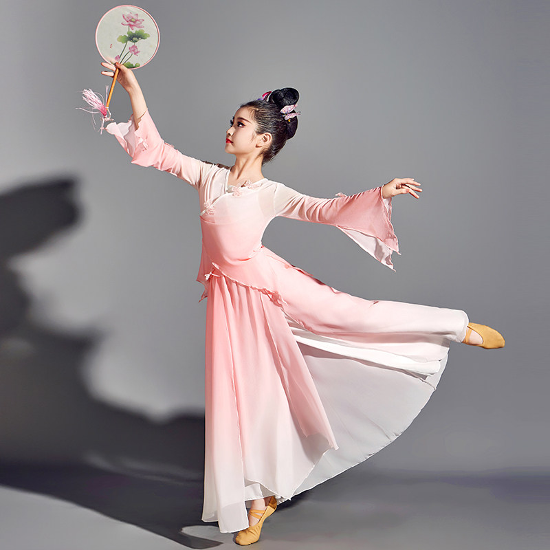 速发古典舞飘出蹈儿童演逸纱衣粉色汉服中国独舞服装少儿舞服扇子
