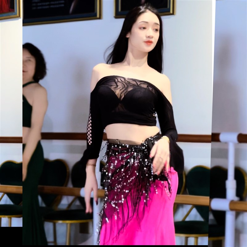 速发肚皮舞练功服长裙莫代尔百玫红抹胸开叉初学者紫搭大
