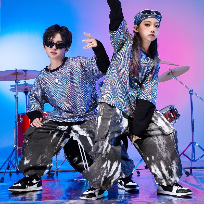 速发少儿演出台元服舞旦亮片架子鼓表演服男孩街舞潮服孩hiphop走