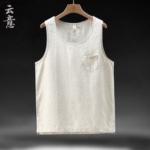 麻料休闲无袖 速发纯衫 宽松砍袖 大码 汗男纯色坎肩 麻背心亚夏天薄款