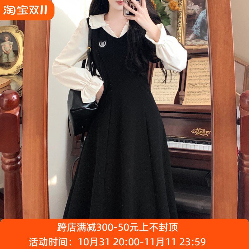 速发美件遮肚长裙子秋冬大码学院风黑色假两甜连衣裙
