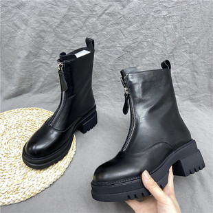 撤柜处理折扣真皮女鞋2021秋新款时尚骑士靴前拉链头层牛皮女短靴