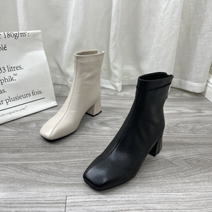 撤柜处理折扣真皮女鞋2023冬新款方头中跟欧美百搭休闲牛皮女短靴