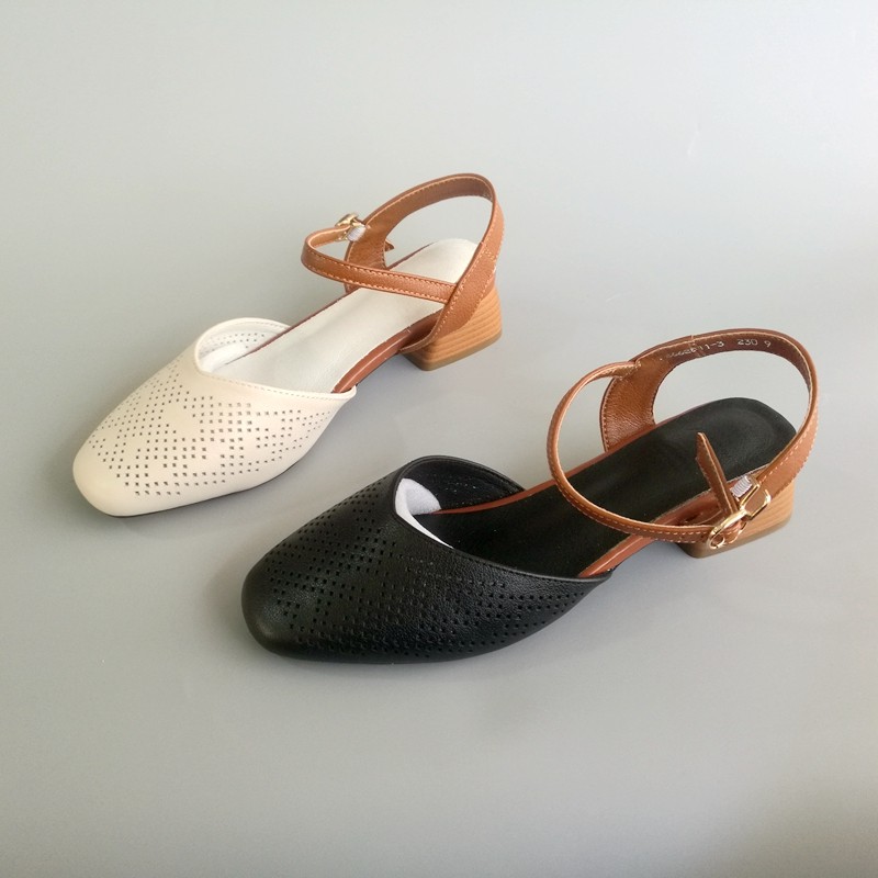 撤柜处理折扣真皮女鞋2018夏新款包头粗跟韩版休闲百搭牛皮女凉鞋