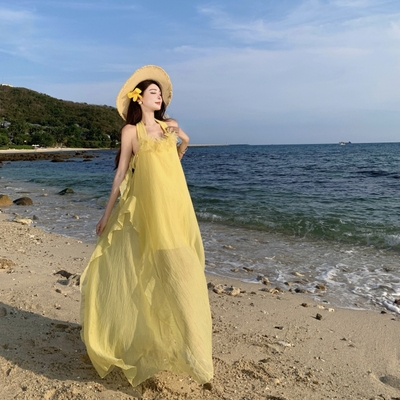 不规则挂脖生日宴会礼服度假黄色法式绝美裙子女设计感小众连衣裙