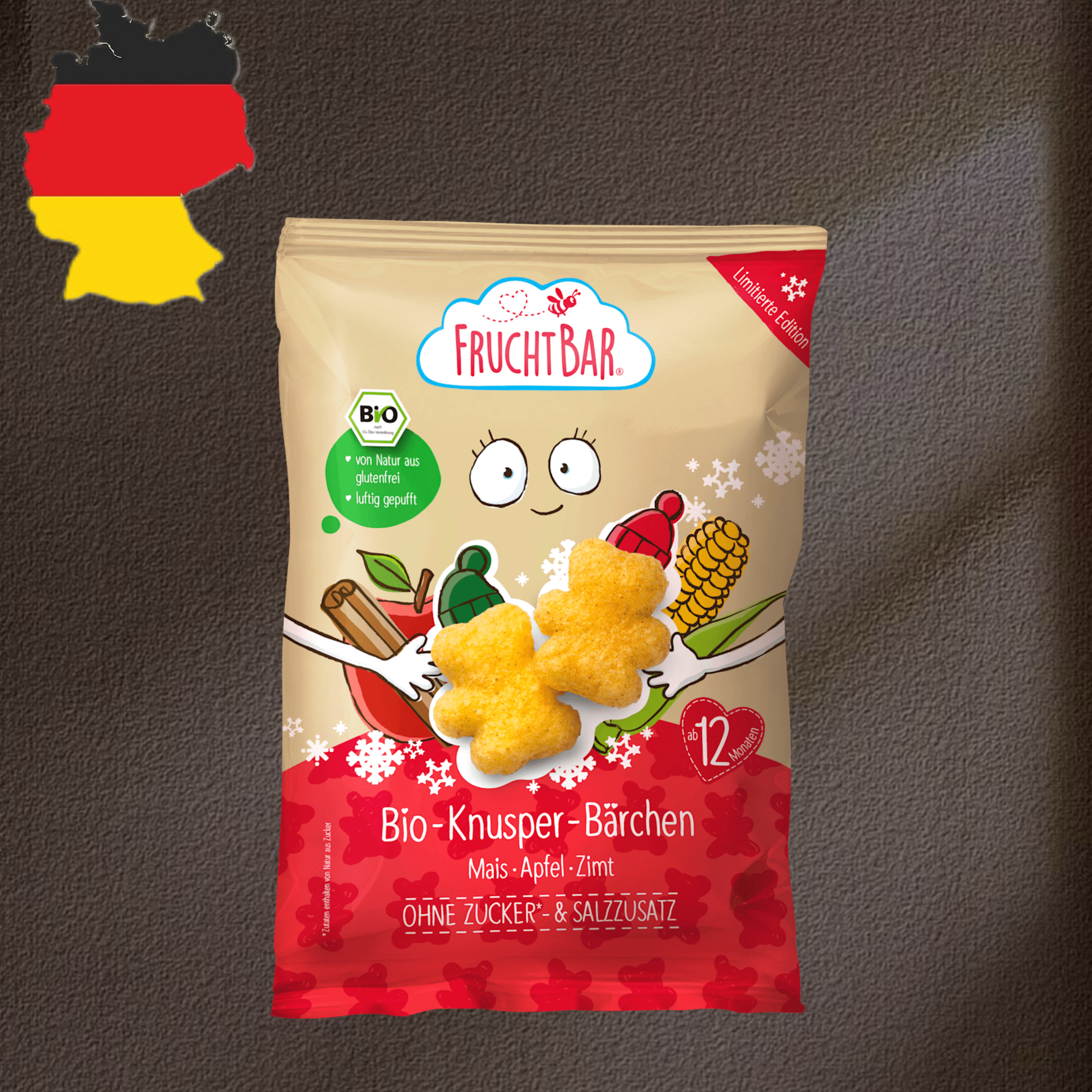 德国代购【满300包邮】FruchtBar12个月+有机苹果玉米熊宝宝脆30g