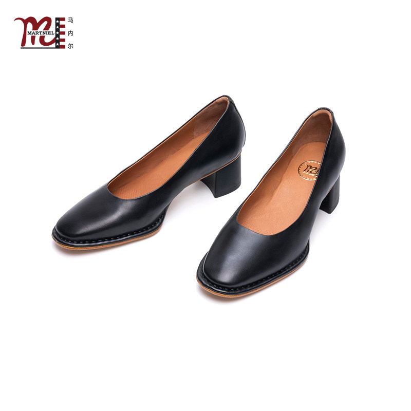 马内尔真皮玛丽珍鞋女黑色粗跟一脚蹬通勤百搭气质单鞋职业单鞋
