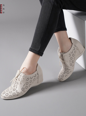 马内尔单鞋秋季新款黑色坡跟冲孔透气休闲增高防滑真皮女鞋G23191