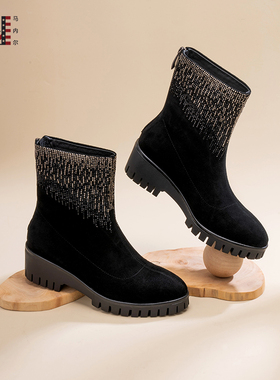 马内尔水钻瘦瘦靴女粗跟黑色小个子增高短靴秋冬显瘦女靴G29111