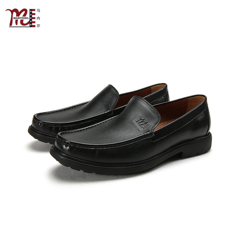 MARTNIEL/马内尔男鞋黑色一脚蹬真皮乐福鞋商务休闲防滑豆豆鞋