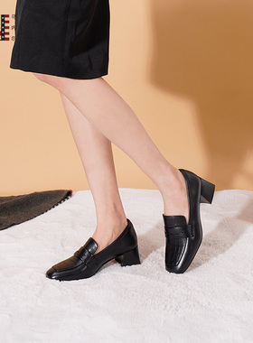 MARTNIEL/马内尔乐福鞋女黑色粗跟一脚蹬通勤百搭方头单鞋中跟