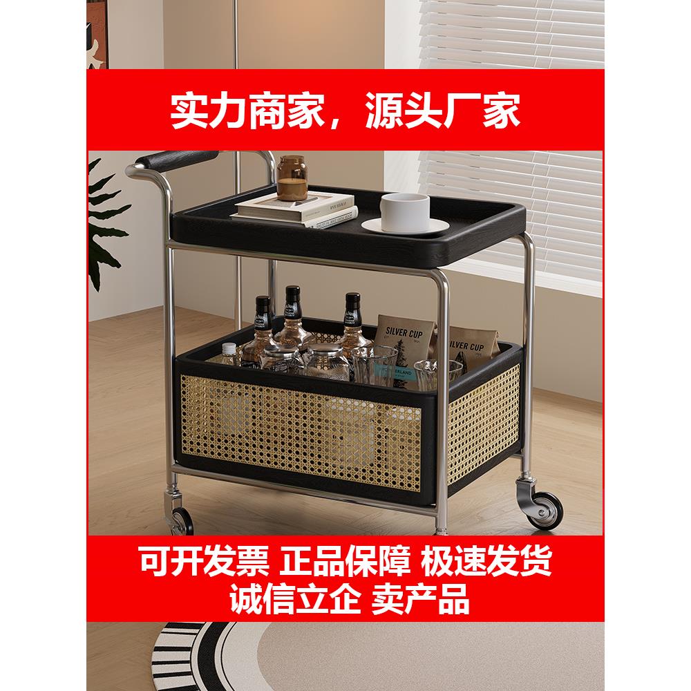 新款实木边几可移动收纳中古小推车新客厅沙发储物置物架藤编简约