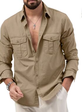 Men's shirts跨境外贸新款欧美男士春秋季衬衫多口袋休闲长袖上衣