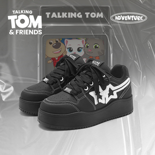 会说话的汤姆猫鞋子男鞋黑色板鞋男款厚底增高小黑鞋时尚星星潮鞋