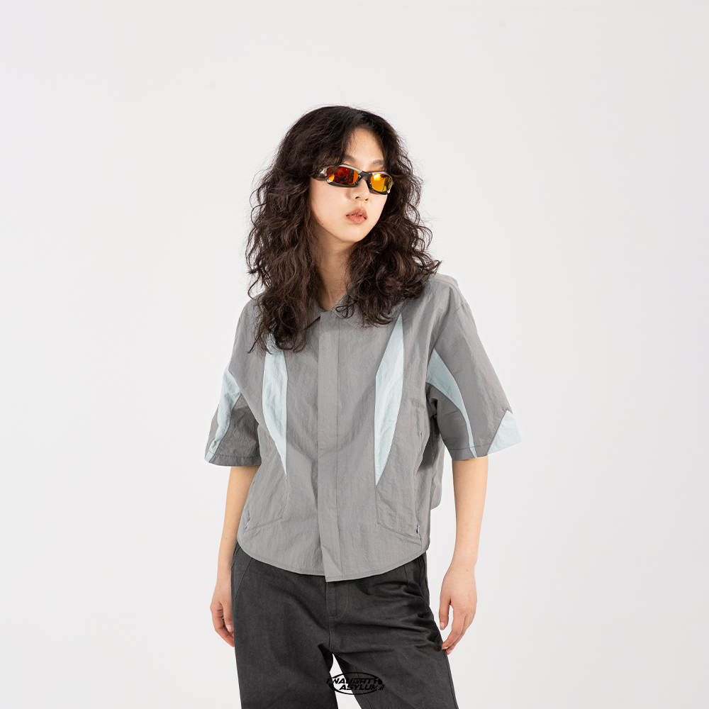 短款末世风半袖微皱刀锋拼接衬衫
