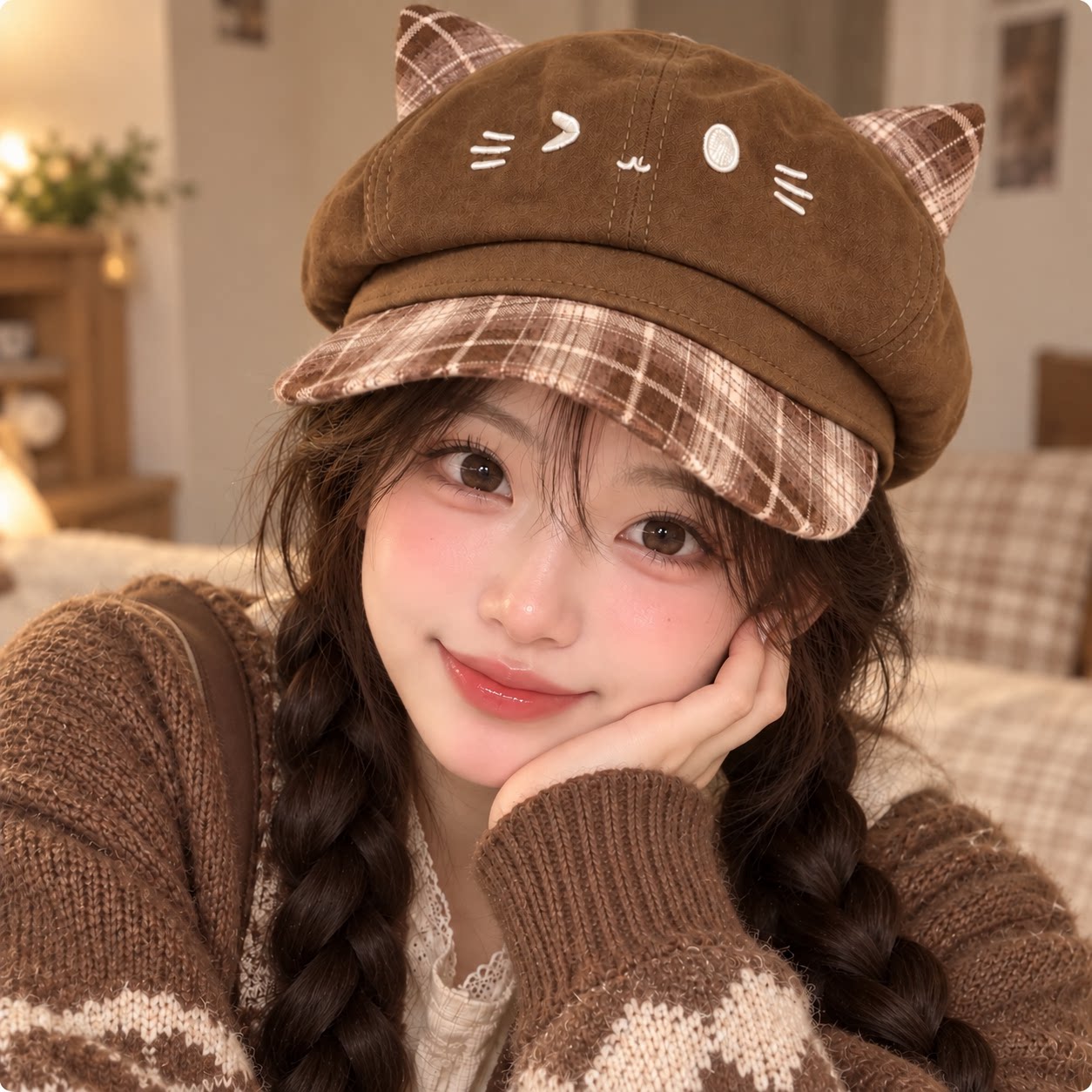 可爱格纹猫耳朵贝雷帽