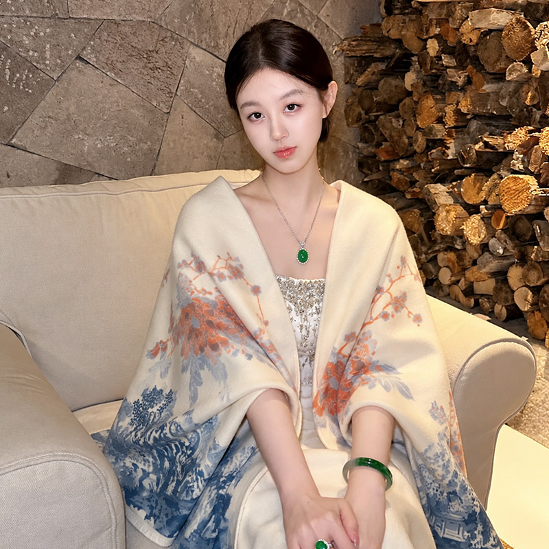 水墨花卉保暖多功能披肩围巾女